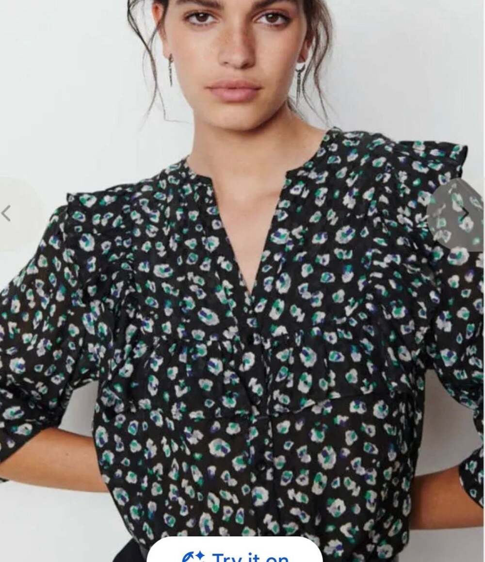 ba&sh Women's Printed Ruffle Blouse Black Multi Size L